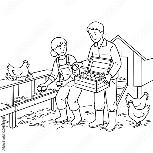 Couple working together on a small poultry farm collects fresh eggs from nesting boxes into a wooden crate.