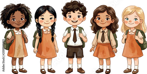 Bild auf Leinwand Cute School Children Characters Set with Diverse Kids Wearing Uniforms and Backp