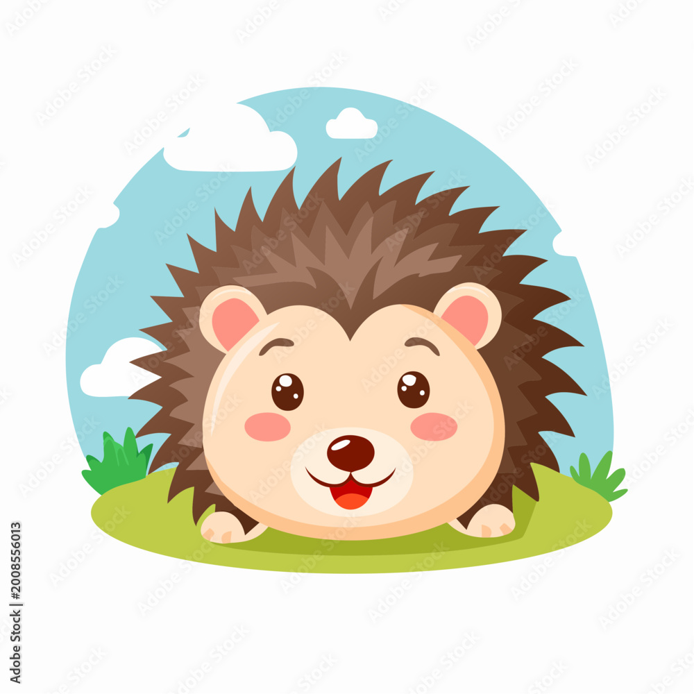 Fototapeta premium A cute cartoon hedgehog lies on green grass with blue sky background