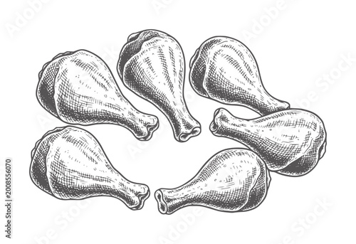 Tableau sur toile Six raw chicken drumsticks arranged in a circle food meat