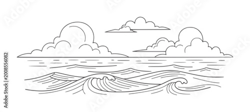 Stylized line of ocean waves and clouds against a white water