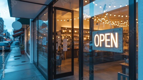 Open sign on glass storefront of modern retail shop on city street with warm interior lighting for small business concept