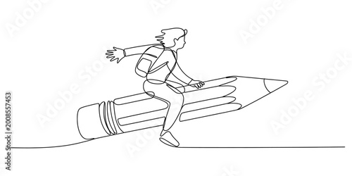 Student with backpack riding a big pencil in one continuous line drawing