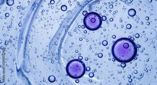 A microscopic view of purple cells in a blue liquid with bubbles