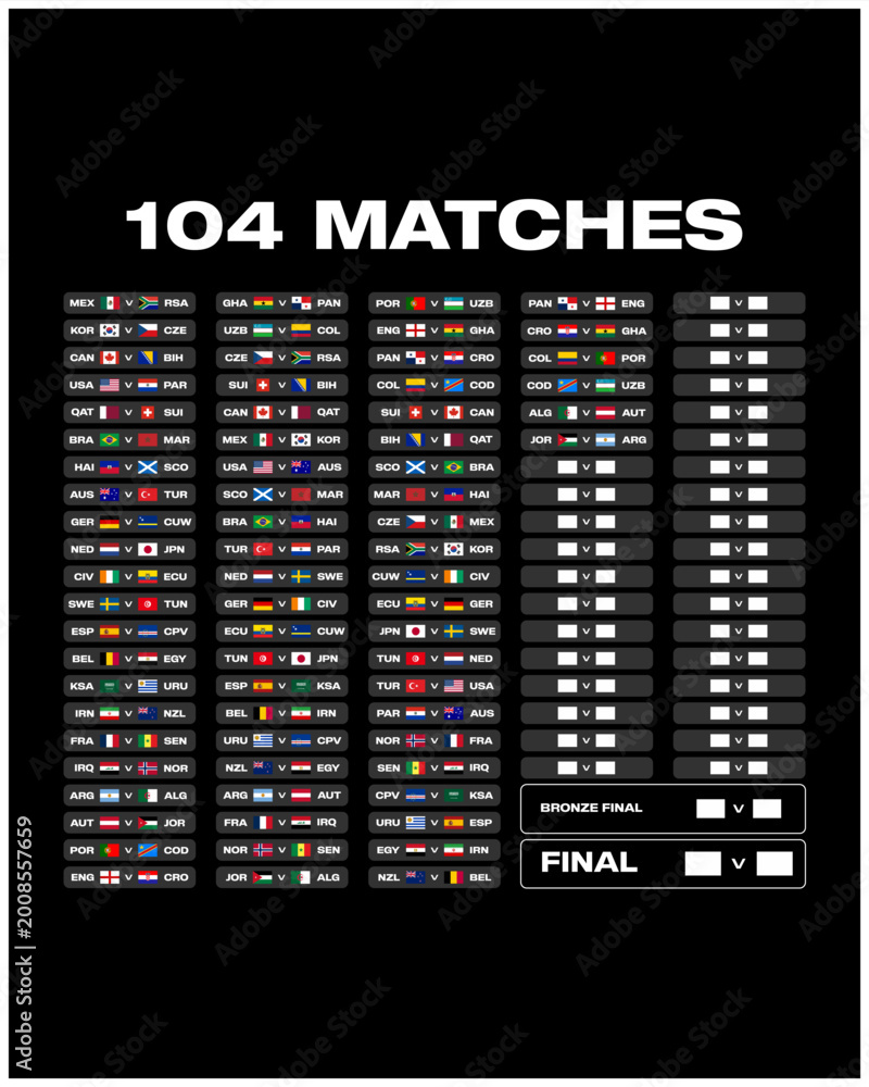 Naklejka premium World Football 2026 Vector Illustration. International Soccer Championship Match List and Tournament Bracket Infographic.