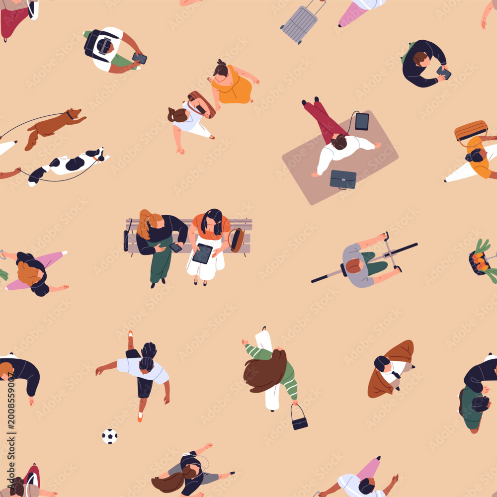 Naklejka premium Repeatable pattern of going and running people top view. Endless background of seen from overhead men and women walking dogs, playing, cycling and hurrying. Flat seamless vector illustration