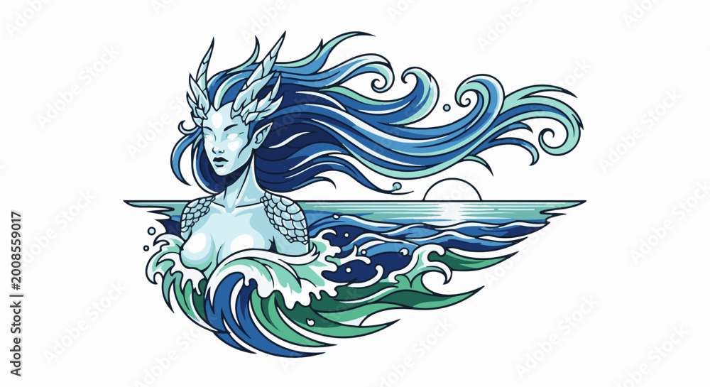 Fototapeta premium A stylized, pixelated mythical sea creature with flowing blue hair and scales amidst ocean waves