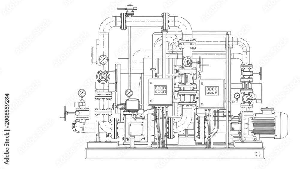 Obraz premium Industrial Pump System with Valves and Pipes Diagram Blueprint