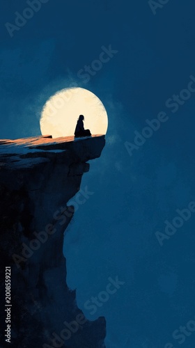 Silhouette of a person sitting on a cliff edge against a giant full moon. Solitude, motivation, finding peace and achieving goals concept with copy space