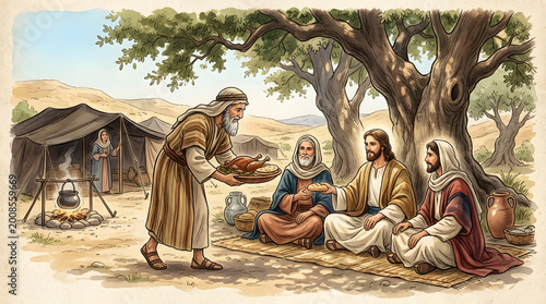 Biblical illustration of abraham serving three visitors under the oak of mamre
