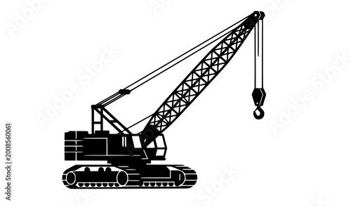Принти на полотні Heavy duty crawler crane black silhouette vector with boom hook and tracked base