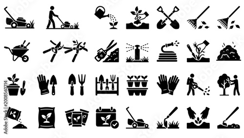 Gardening Icons Set – Garden Tools, Lawn Care, Planting, Landscaping, Agriculture Solid Vector Collection