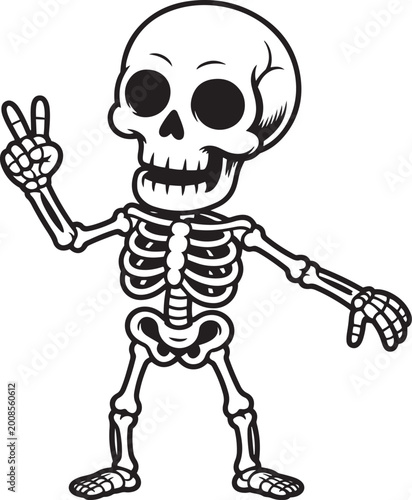Friendly skeleton character showing peace sign hand gesture cartoon illustration.