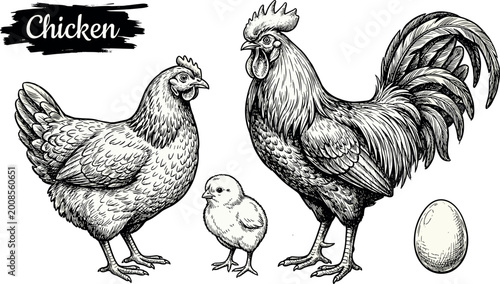 Foto Chicken Farm Animal Set with Hen Rooster Chick and Egg Hand Drawn Engraving Styl
