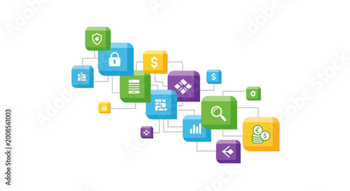 Abstract network of colorful cubes with business icons.
