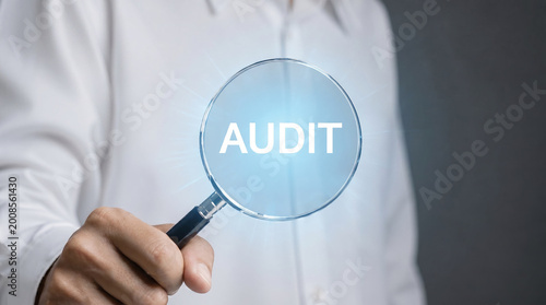Accounting audit concept with magnifying glass, document review, and financial currency icons