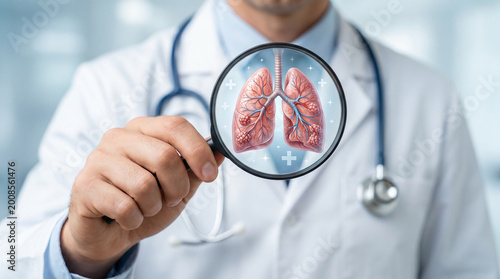 Modern medical lung diagnosis concept with doctor, stethoscope, magnifying glass, and respiratory icon