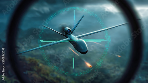 A combat drone is seen flying through the crosshairs of a night vision laser sight, showcasing speed data on a digital display while a sniper scope frames the view