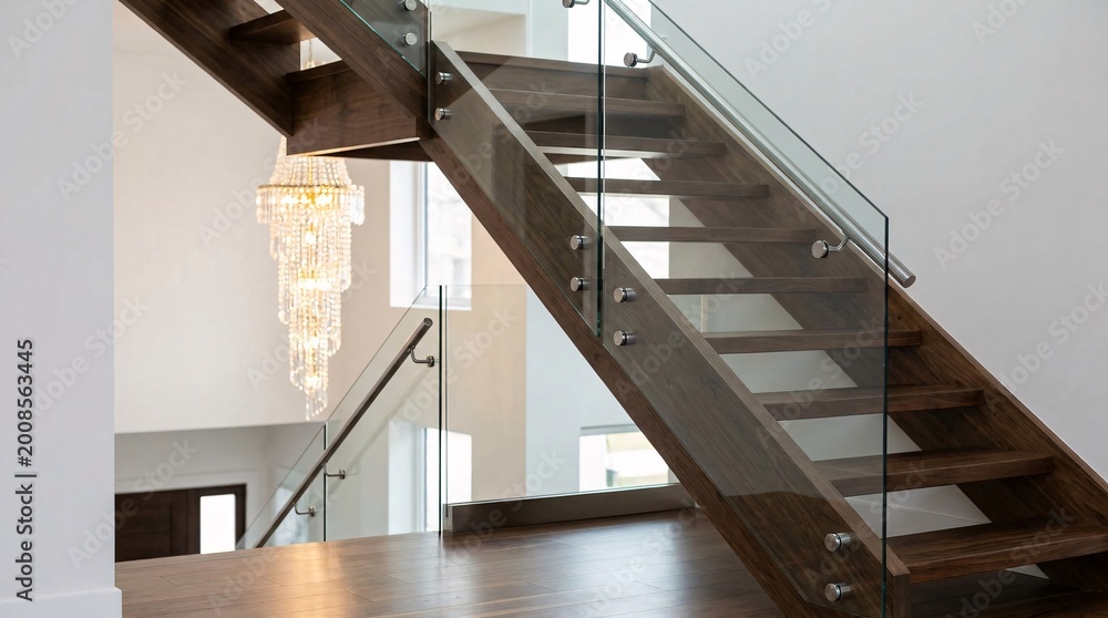 Obraz premium Contemporary dark walnut wood interior staircase with transparent glass railings sits beautifully before a cascading crystal chandelier.