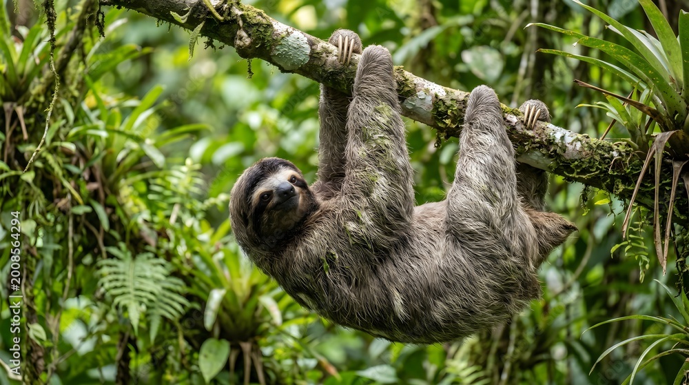 Fototapeta premium Sloth Hanging on Tree in Amazon Rainforest Calm Wildlife Lifestyle Scene