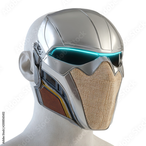 Futuristic Sci-Fi Mask with Glowing Blue Eyes and Burlap Face Covering