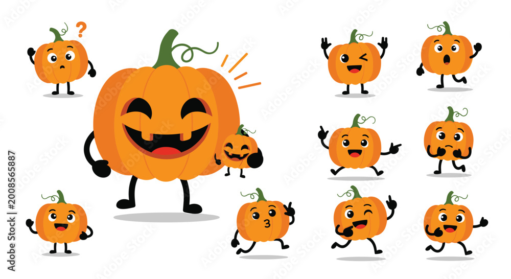 Fototapeta premium Set of cute animated pumpkin characters for Halloween with various facial expressions and fun poses.