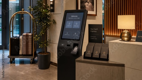 Check-in kiosk at hotel lobby with luggage and modern decor during daytime in urban setting