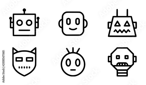 Foto Modern stylized monoline robot face vector icon tiles with uniform bold black ou