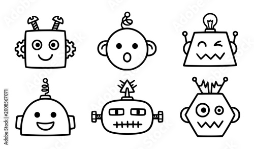 Fotografie Cute and whimsical doodle robot face vector icon set with medium bold black outl