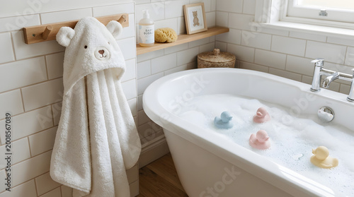 Baby bath time with white bear hooded towel and rubber ducks in a white bathtub