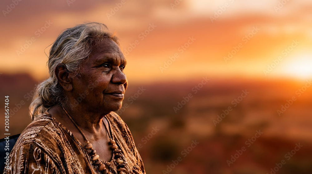 Fototapeta premium Portrait of a senior indigenous australian aboriginal woman looking at sunset in the outback