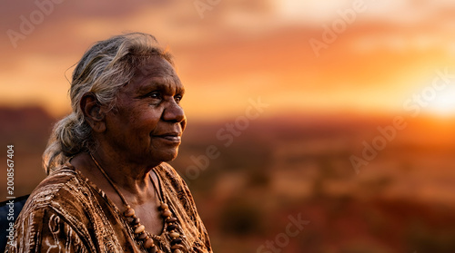 Portrait of a senior indigenous australian aboriginal woman looking at sunset in the outback