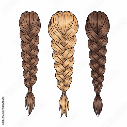 Three braided hairstyles in warm, rich tones, hand-drawn with delicate linework.