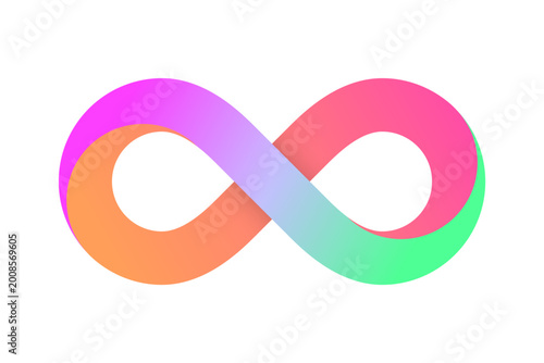 Pastel color gradient infinity sign orange pink violet green mobius strip. Vector