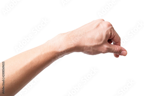 Male hand hold virtual business card, credit card or blank paper isolated on white background with a clipping path.