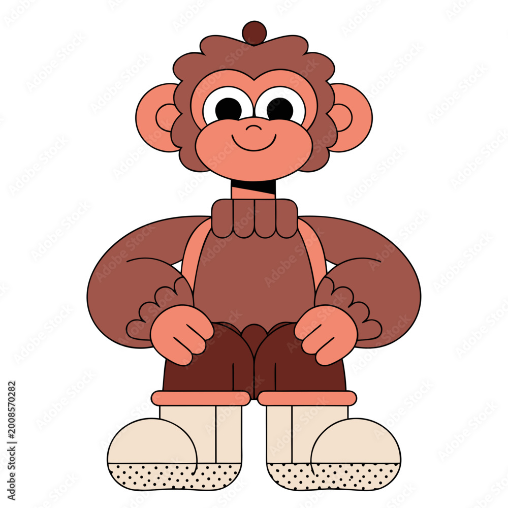 Naklejka premium Monkey character wearing a brown sweater and boots sits in a cheerful standing-like posture.