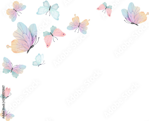 Pastel Butterflies Corner Composition on transparent Background, Colorful Butterfly Border Design, Decorative Nature Illustration