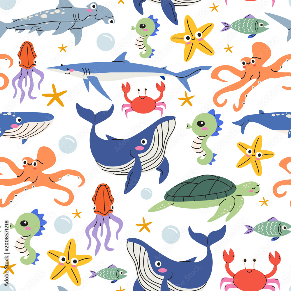 Fototapeta premium Cute sea animals seamless pattern with whale, shark, turtle, octopus and starfish. Ocean life background for kids fabric and wallpaper. Vector illustration