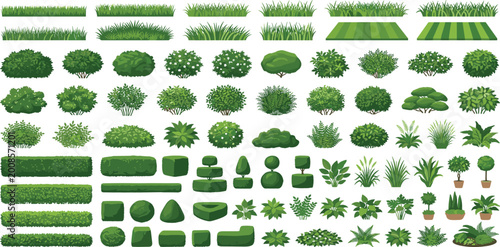 Fotografie Large vector collection of garden plants featuring green bushes shrubs hedges grass and topiary elements