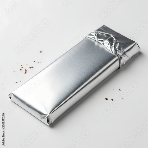 Partially unwrapped chocolate bar with crumbs on a white surface