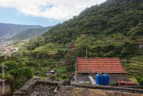 Vászonkép Madeira hillside village with terraced fields and red funicular tram