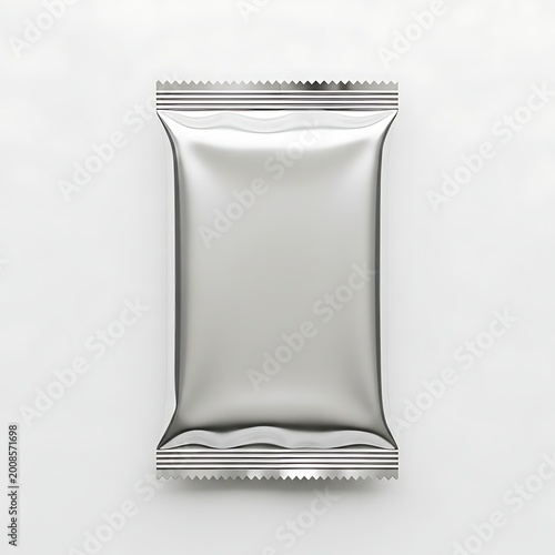 Shiny silver foil packet standing upright against a plain background