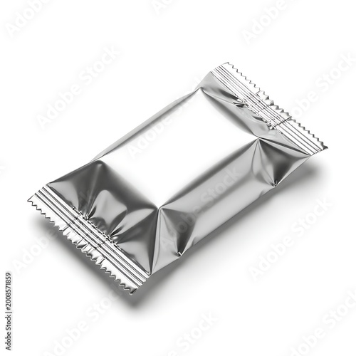 A single foil-wrapped sweetener packet on a white background