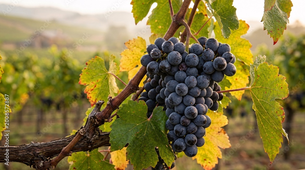 Naklejka premium Lush cluster of ripe dark purple wine grapes covered in fresh morning dew hangs from a thick brown vine amidst vibrant autumn foliage.