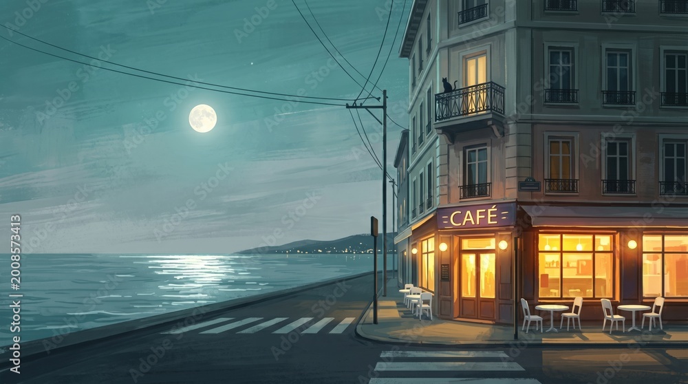 Obraz premium Cafe exterior building on a coastal promenade at night with warm indoor lighting and a full moon reflected on the ocean for dining or travel background usage.