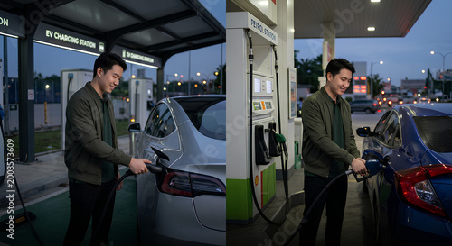 Side by side comparison of a man charging an electric car and refueling a gasoline vehicle, highlighting modern transport energy choices.