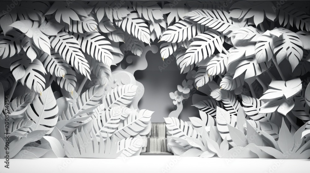 Fototapeta premium Paper foliage creates tunnel effect. Dramatic lighting highlights textures, shapes. Minimalist design, monochromatic palette. Abstract botanical scene.