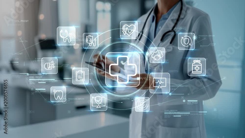 Doctor using tablet with medical icon connected to heart, dental and protection symbols, illustrating digital healthcare technology and patient care in modern hospital