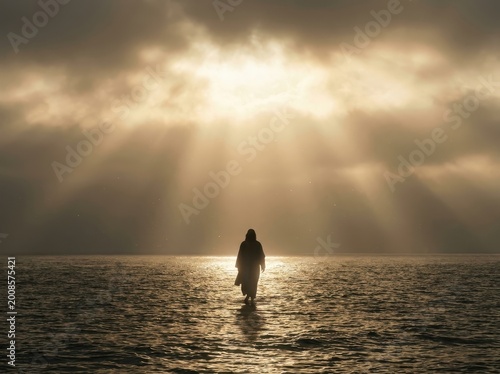 Silhouette of a Person Walking on Water Under Divine Light