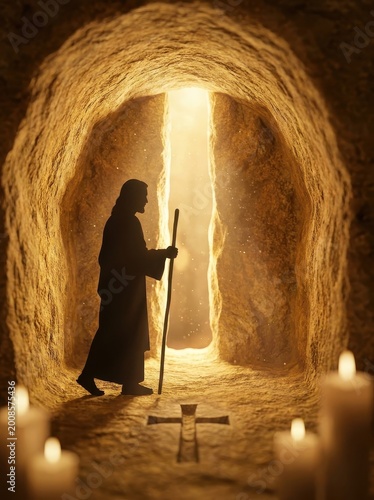 Silhouette of a Jesus in a Cave with Candles and a Cross